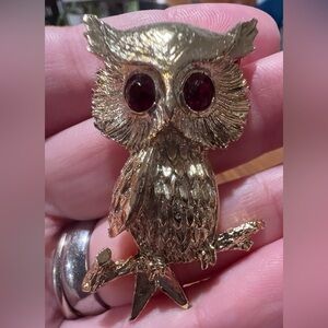 Vintage Gerry’s Owl Gold Tone Brooch Pin with Red Rhinestone Eyes